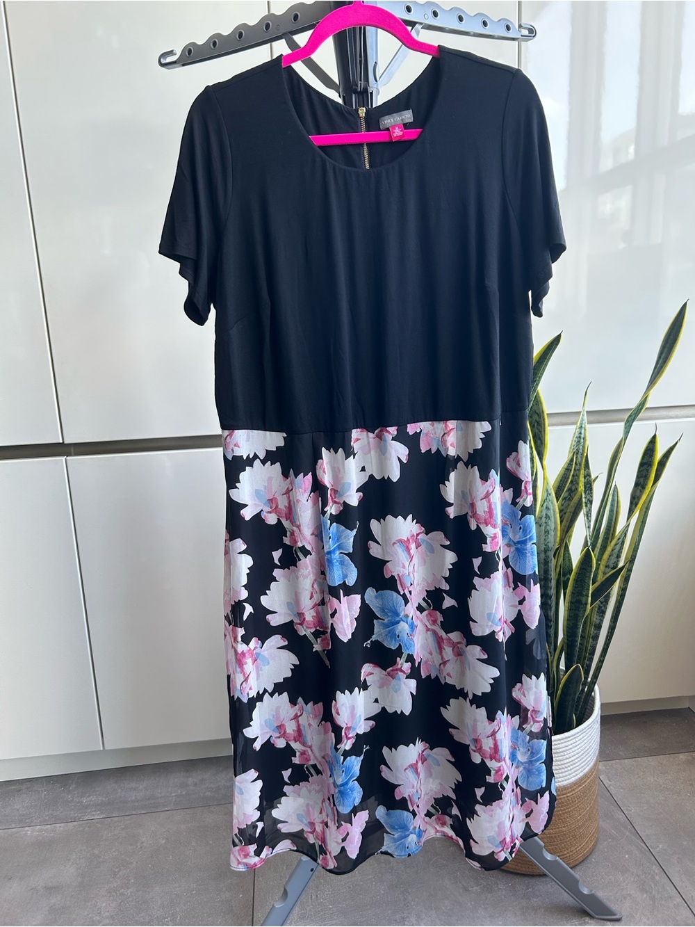 Vince Camuto Plus
Black Floral Midi Dress with Pink & Blue Accents